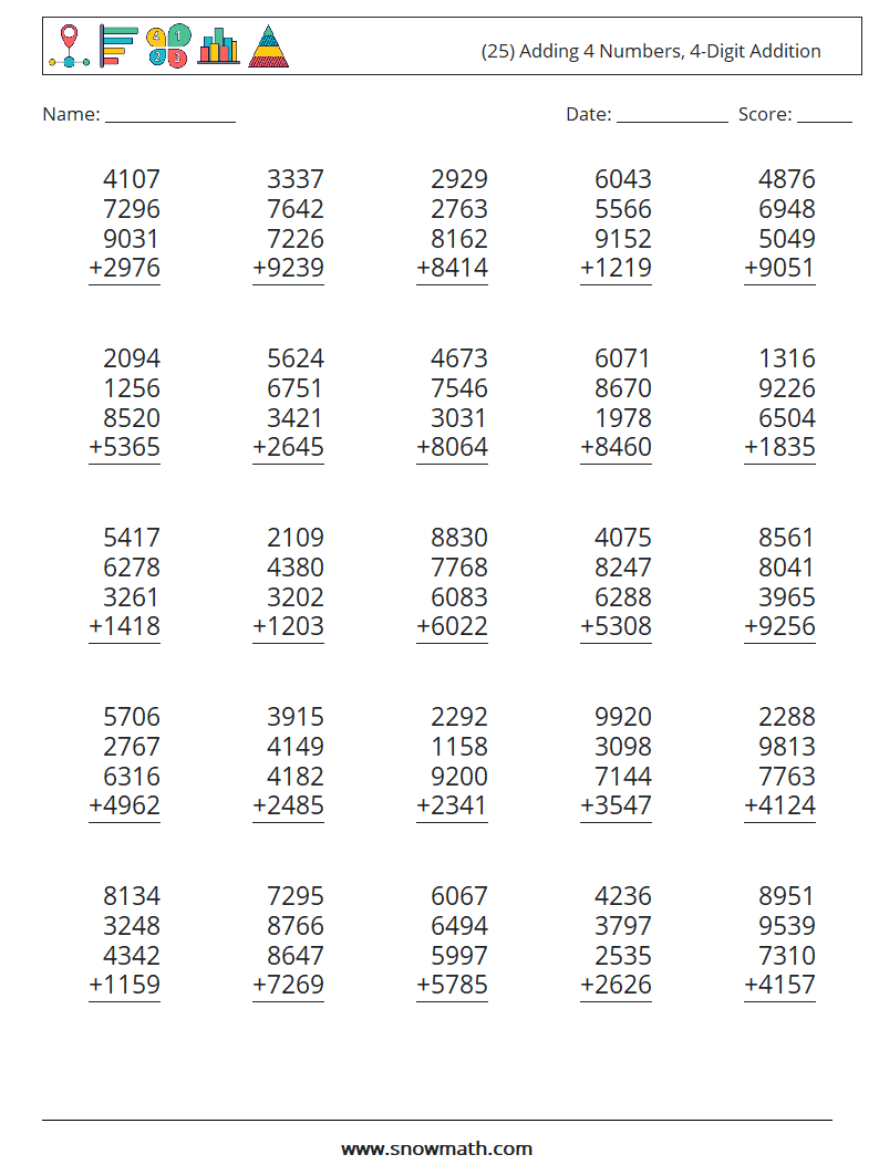 (25) Adding 4 Numbers, 4-Digit Addition Math Worksheets 10