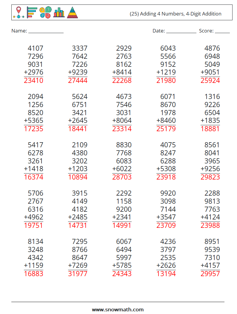(25) Adding 4 Numbers, 4-Digit Addition Math Worksheets 10 Question, Answer