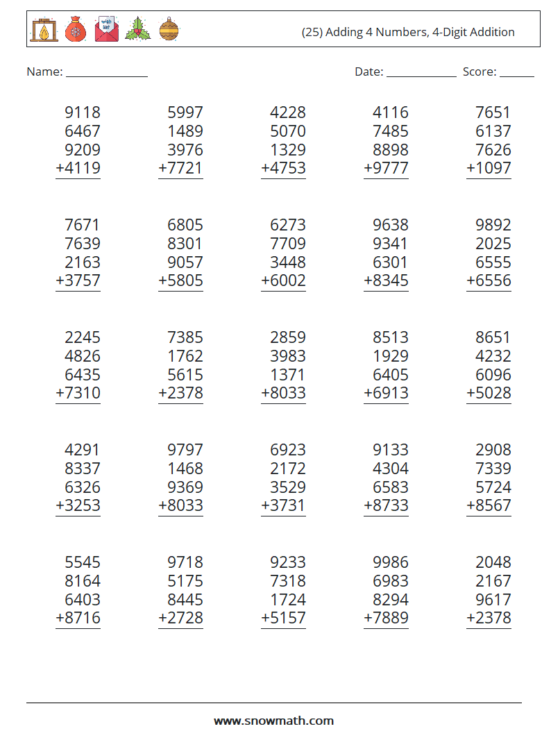 (25) Adding 4 Numbers, 4-Digit Addition Math Worksheets 11