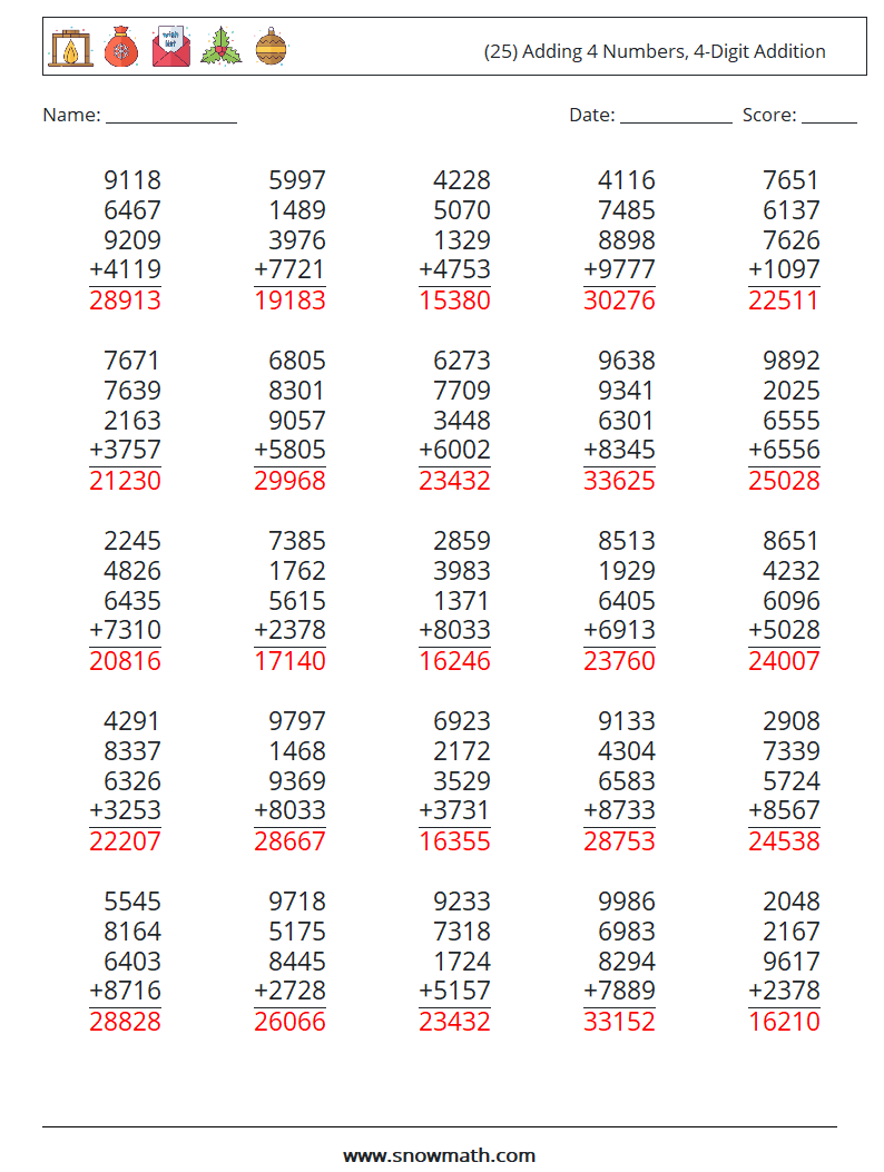 (25) Adding 4 Numbers, 4-Digit Addition Math Worksheets 11 Question, Answer