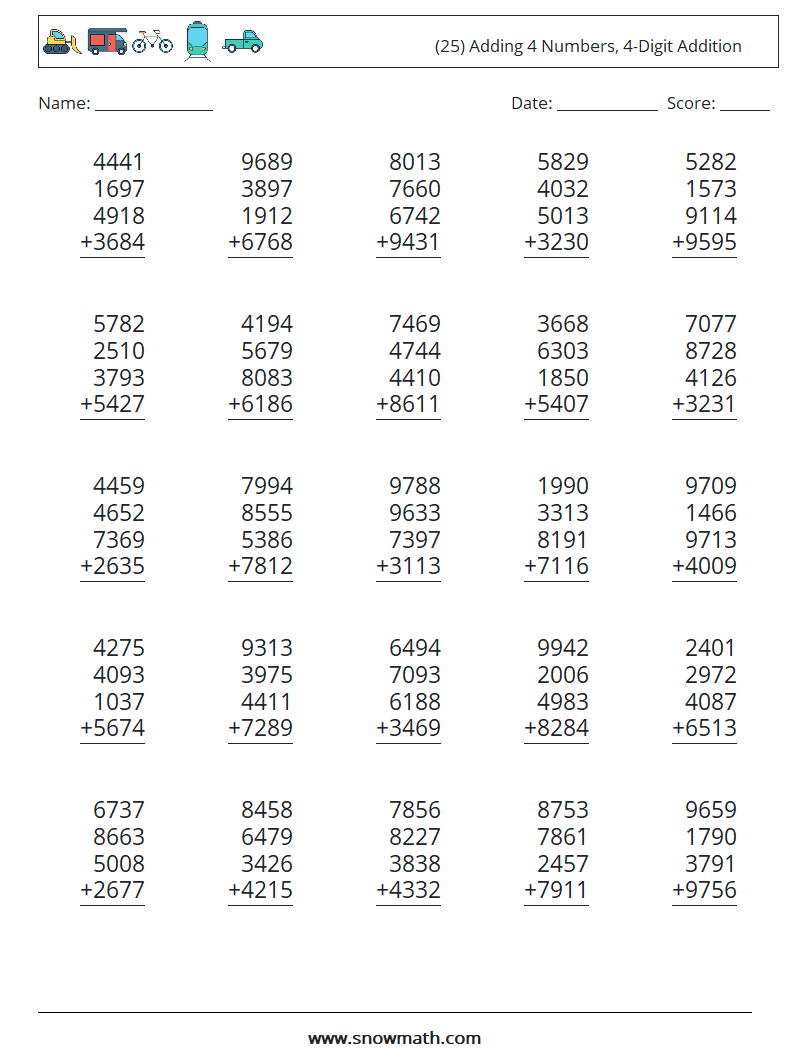 (25) Adding 4 Numbers, 4-Digit Addition Math Worksheets 12