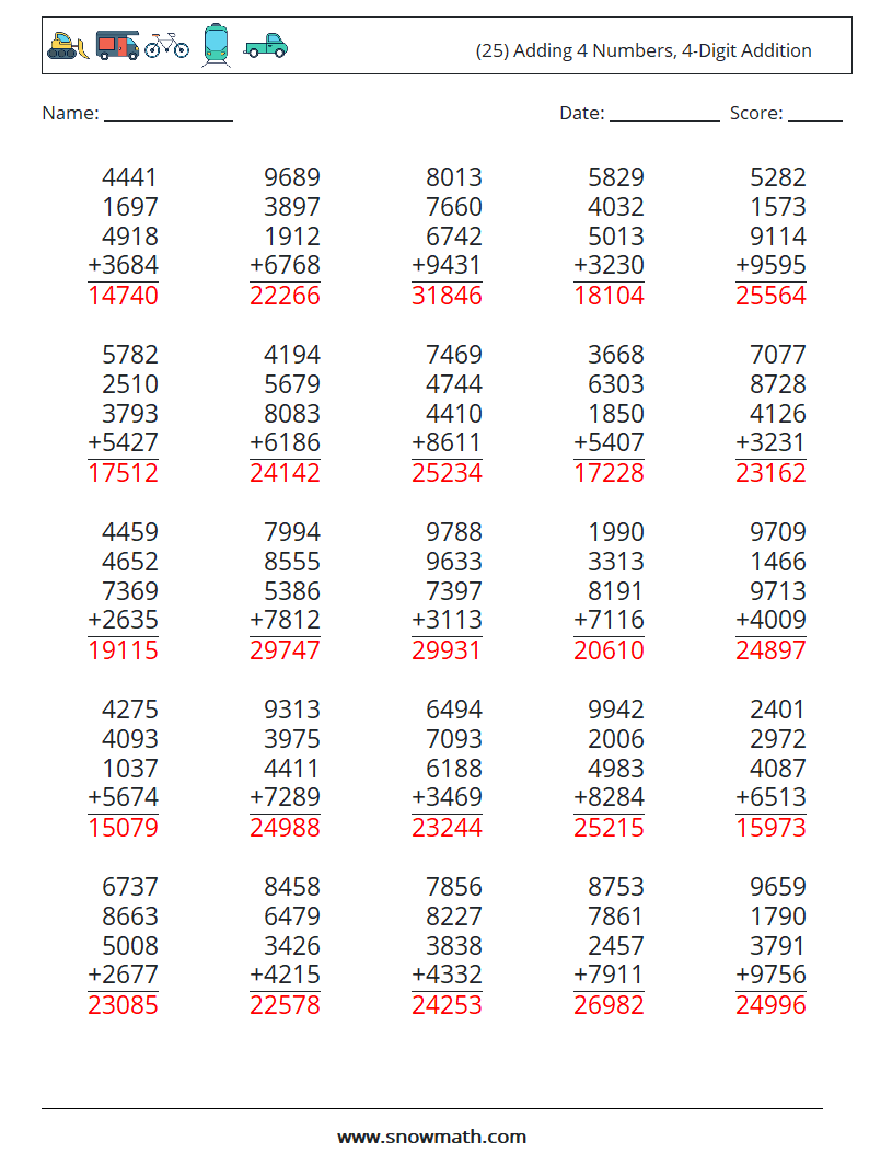 (25) Adding 4 Numbers, 4-Digit Addition Math Worksheets 12 Question, Answer