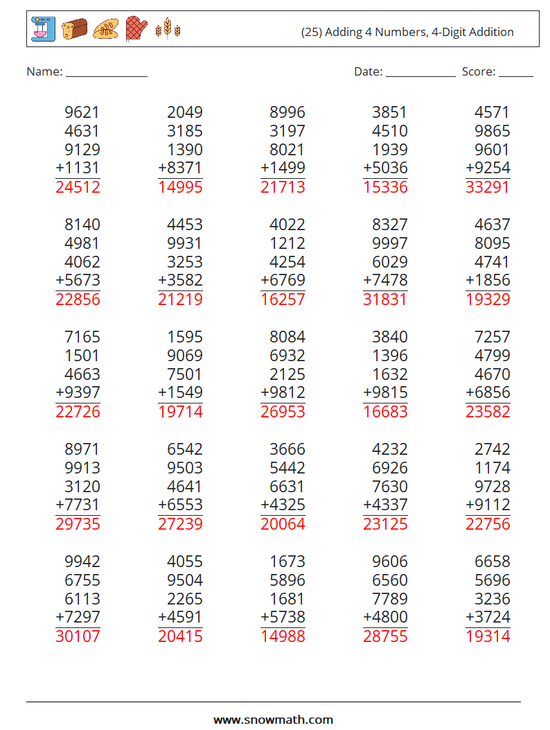 (25) Adding 4 Numbers, 4-Digit Addition Math Worksheets 13 Question, Answer