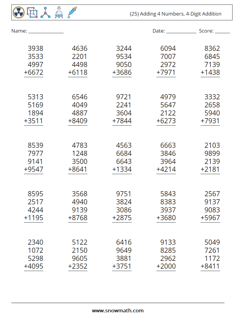 (25) Adding 4 Numbers, 4-Digit Addition Math Worksheets 14