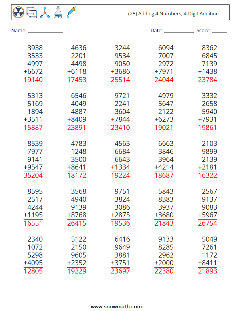 (25) Adding 4 Numbers, 4-Digit Addition Math Worksheets 14 Question, Answer