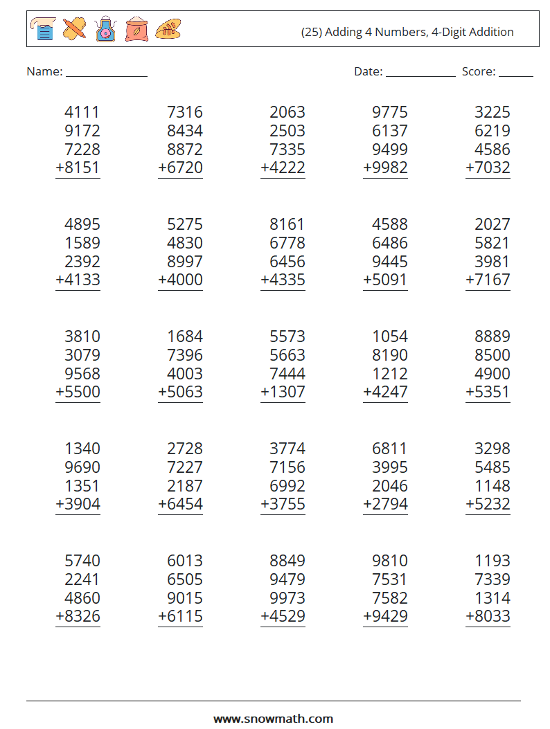 (25) Adding 4 Numbers, 4-Digit Addition Maths Worksheets 15