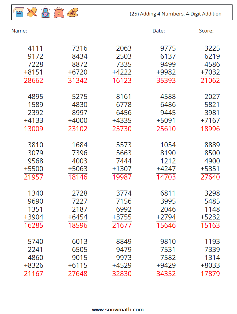 (25) Adding 4 Numbers, 4-Digit Addition Math Worksheets 15 Question, Answer