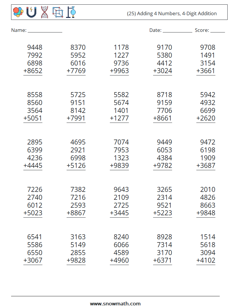 (25) Adding 4 Numbers, 4-Digit Addition Math Worksheets 16