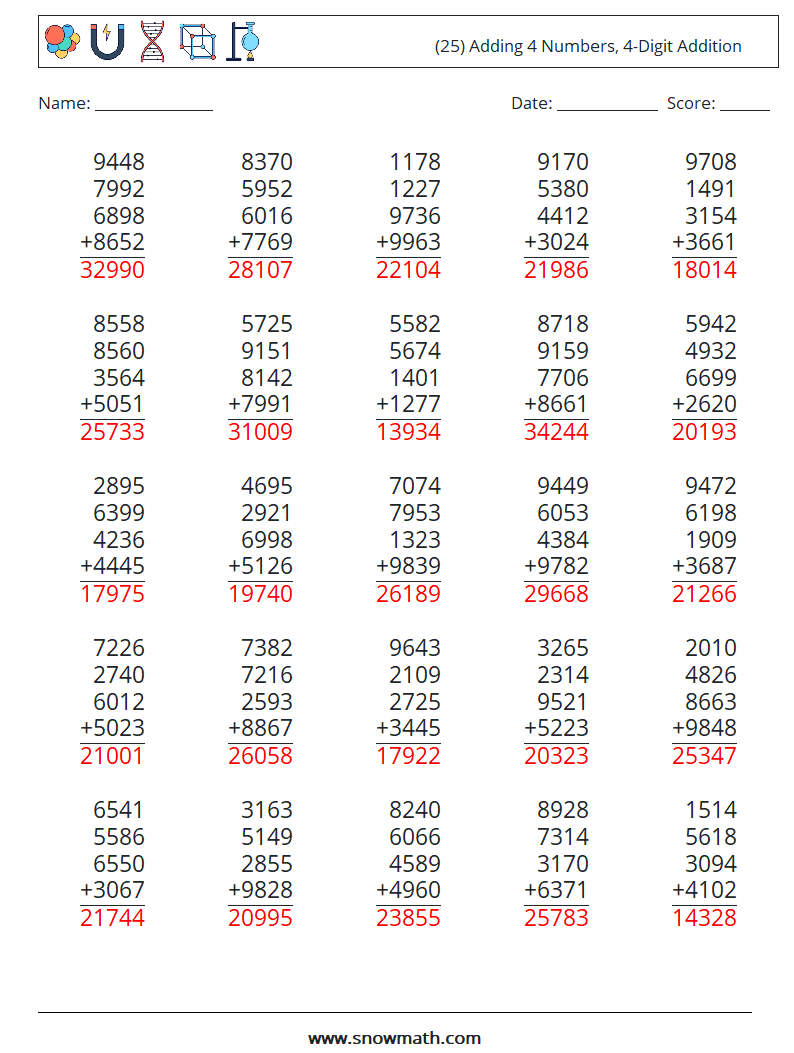 (25) Adding 4 Numbers, 4-Digit Addition Math Worksheets 16 Question, Answer