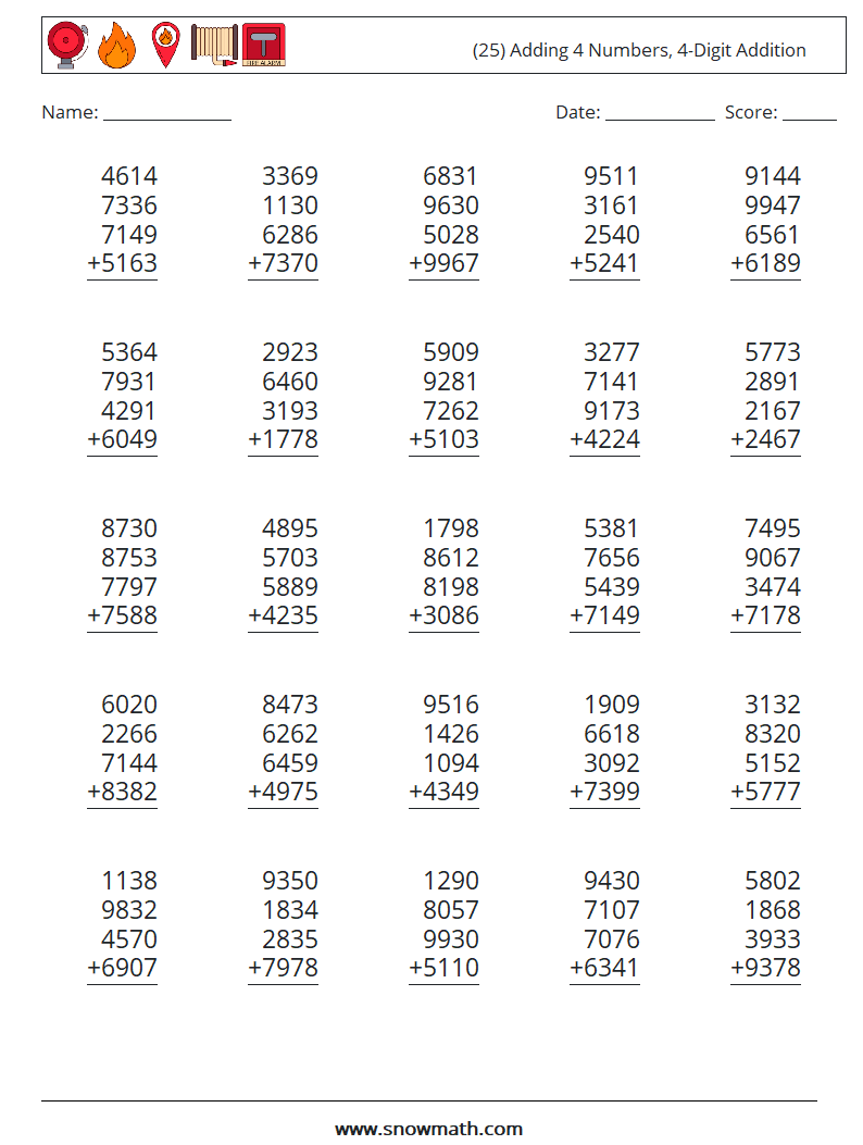 (25) Adding 4 Numbers, 4-Digit Addition Math Worksheets 17