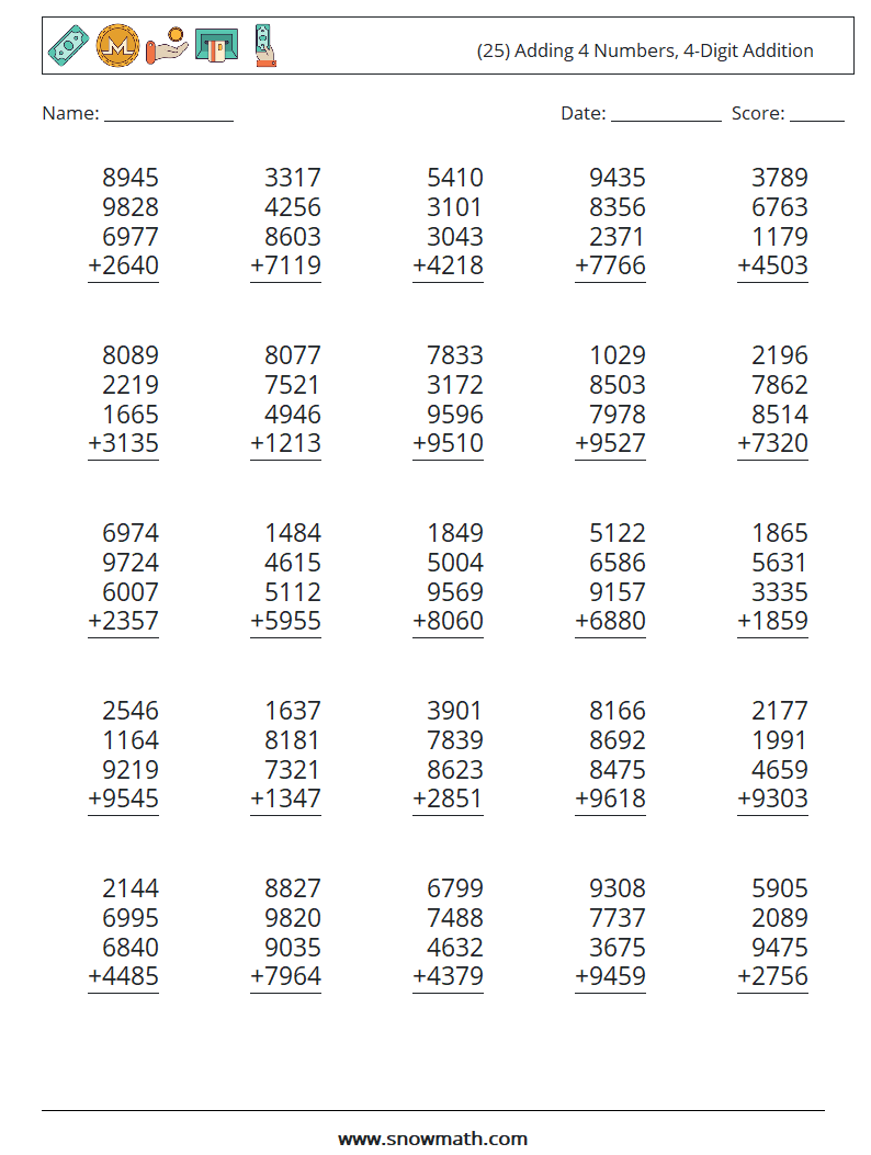 (25) Adding 4 Numbers, 4-Digit Addition Maths Worksheets 18