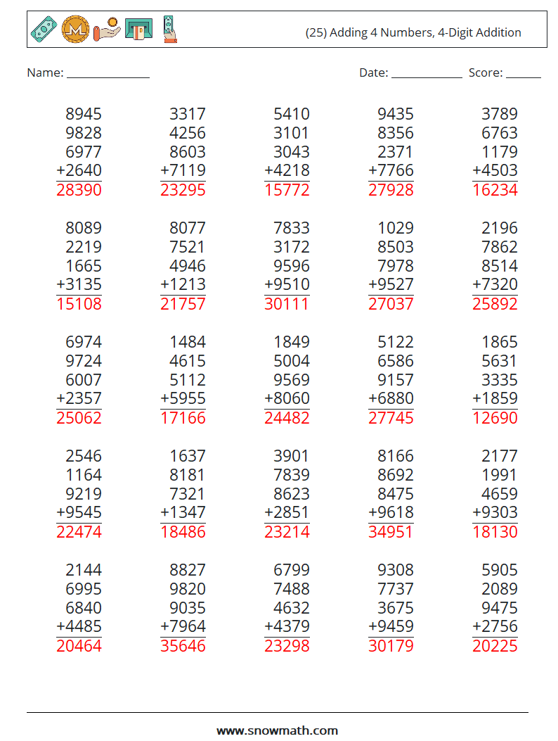 (25) Adding 4 Numbers, 4-Digit Addition Math Worksheets 18 Question, Answer