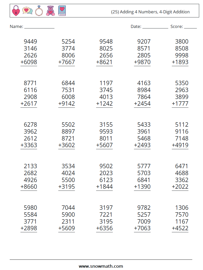 (25) Adding 4 Numbers, 4-Digit Addition Math Worksheets 2