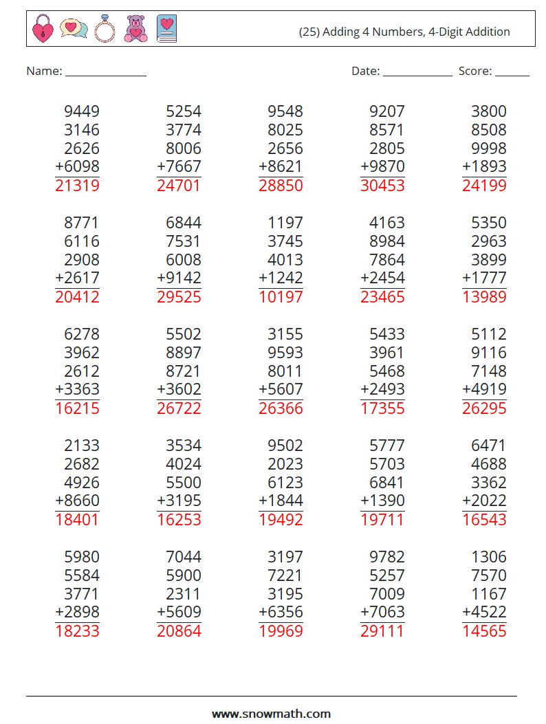 (25) Adding 4 Numbers, 4-Digit Addition Math Worksheets 2 Question, Answer