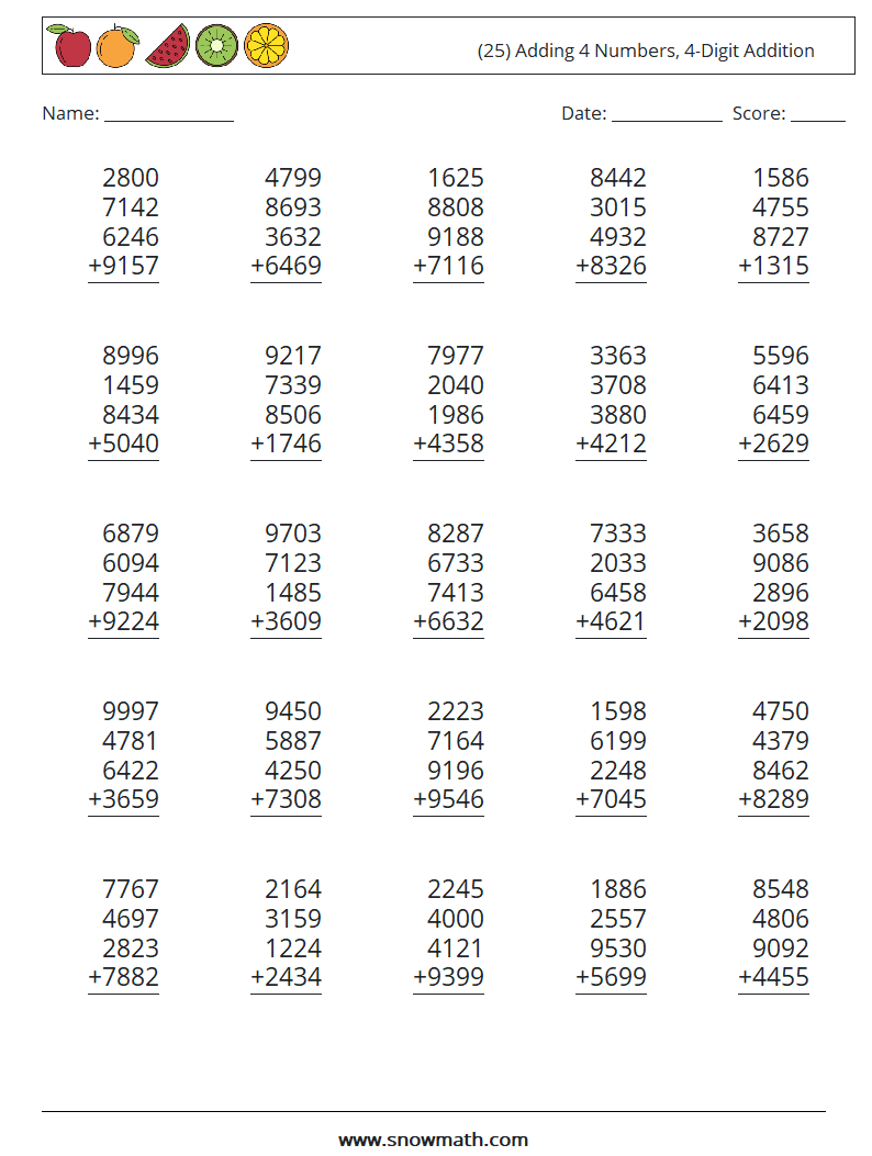 (25) Adding 4 Numbers, 4-Digit Addition Math Worksheets 3