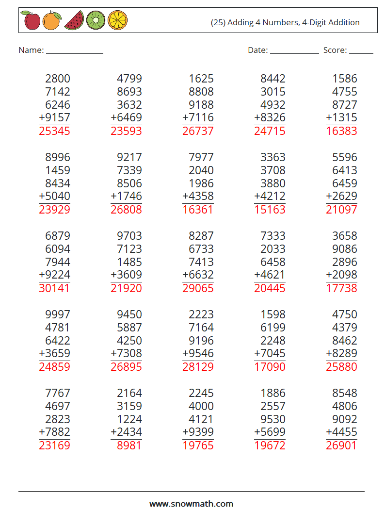 (25) Adding 4 Numbers, 4-Digit Addition Math Worksheets 3 Question, Answer