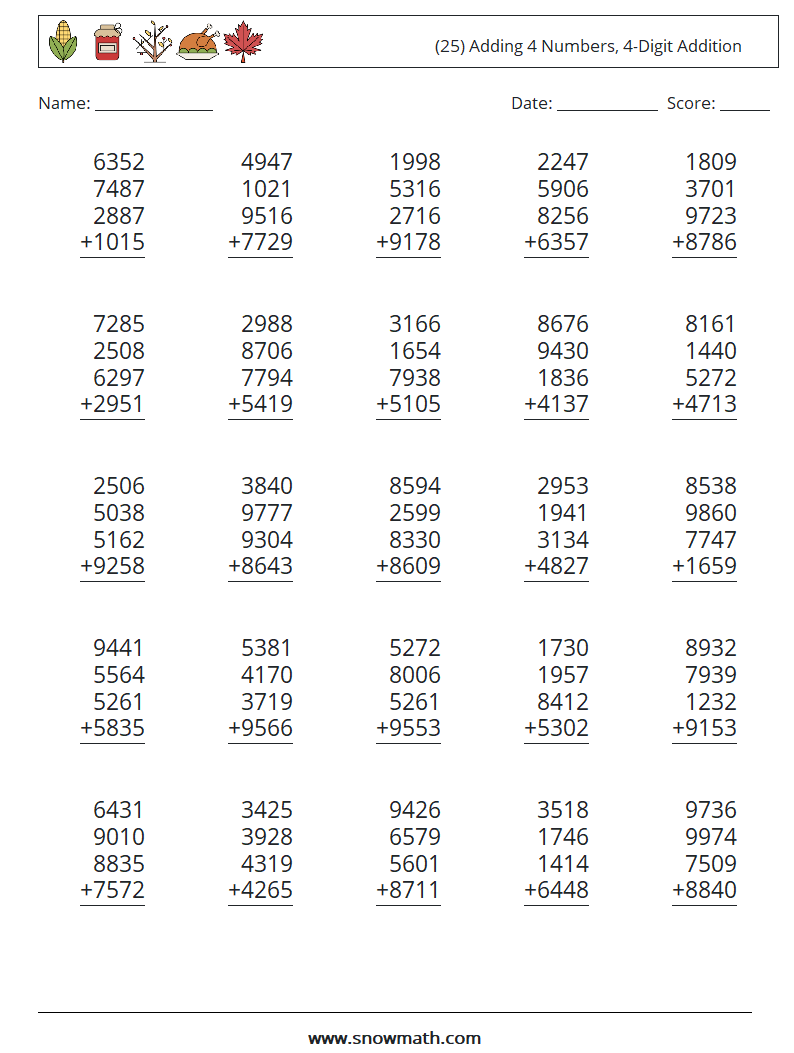 (25) Adding 4 Numbers, 4-Digit Addition Math Worksheets 4