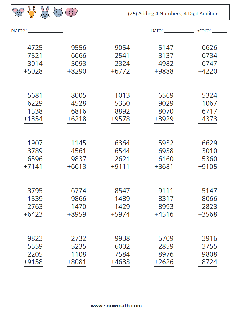 (25) Adding 4 Numbers, 4-Digit Addition Maths Worksheets 5