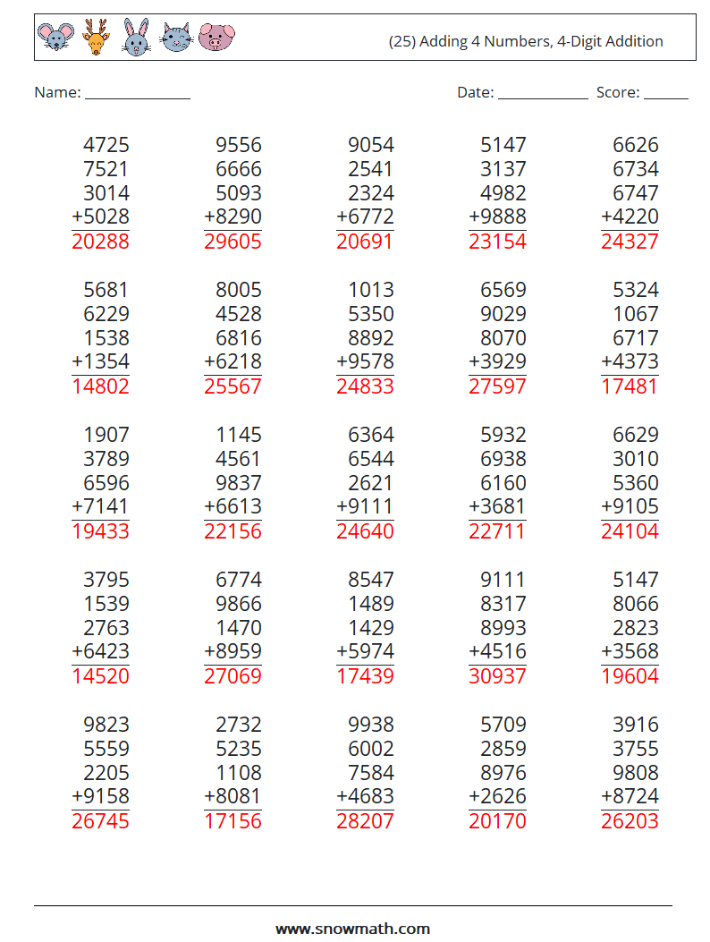 (25) Adding 4 Numbers, 4-Digit Addition Math Worksheets 5 Question, Answer