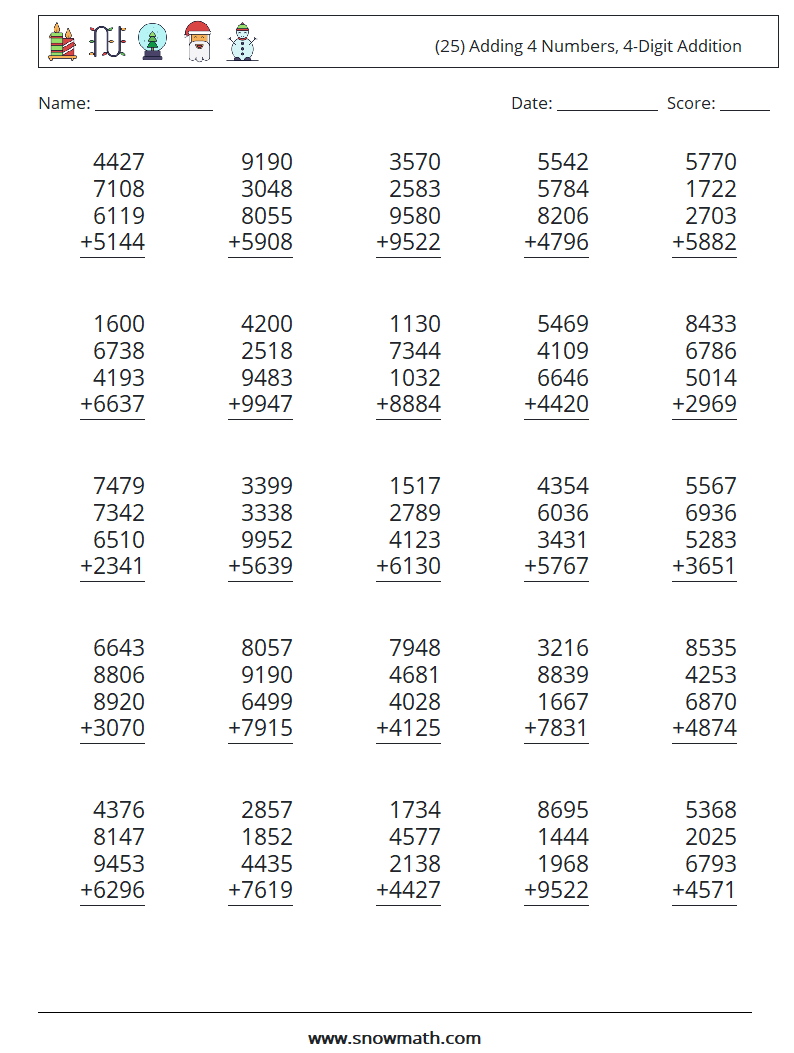 (25) Adding 4 Numbers, 4-Digit Addition Maths Worksheets 6