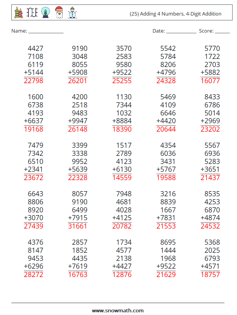 (25) Adding 4 Numbers, 4-Digit Addition Math Worksheets 6 Question, Answer