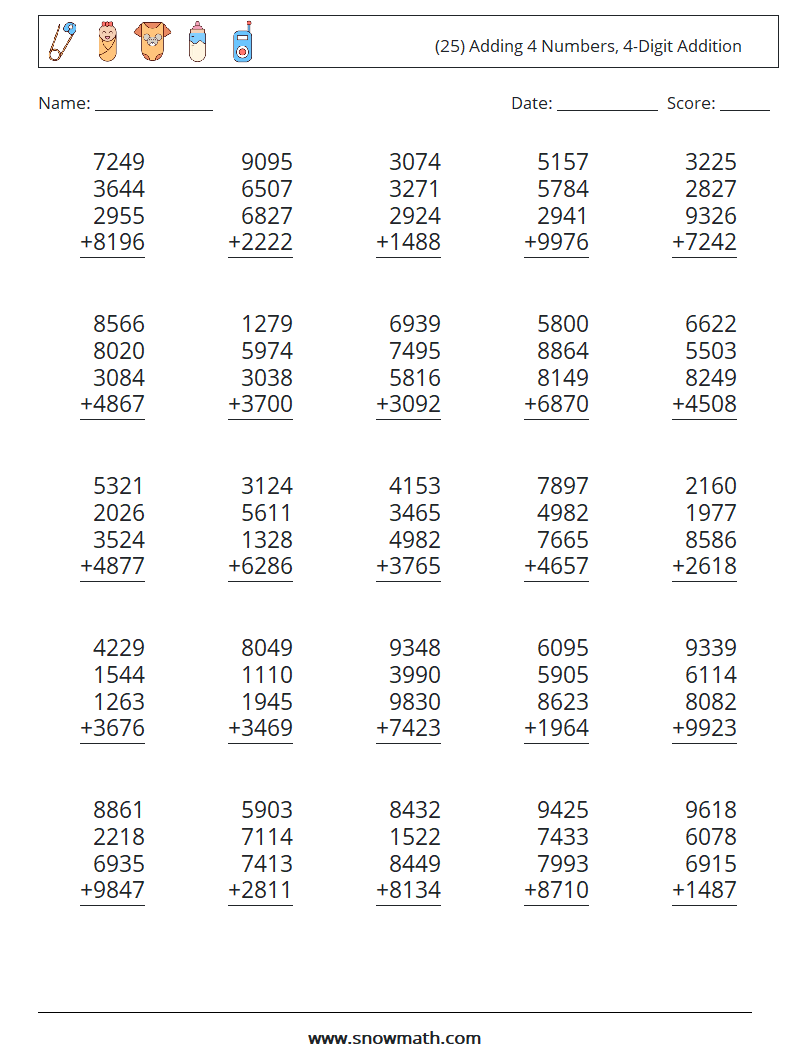 (25) Adding 4 Numbers, 4-Digit Addition Math Worksheets 7