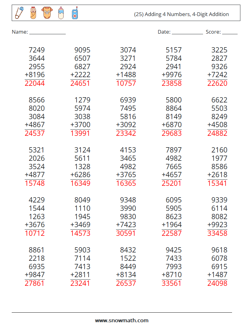 (25) Adding 4 Numbers, 4-Digit Addition Math Worksheets 7 Question, Answer