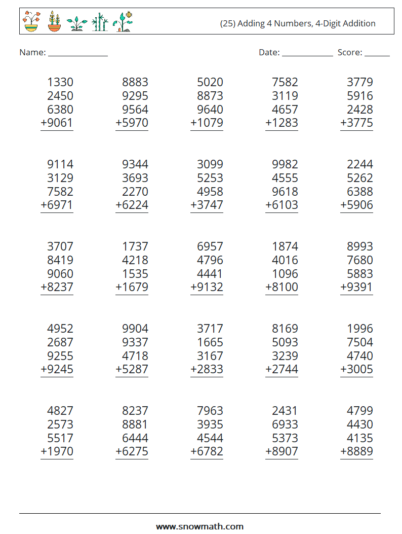 (25) Adding 4 Numbers, 4-Digit Addition Math Worksheets 8