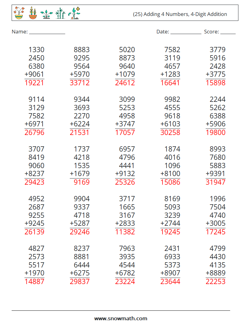 (25) Adding 4 Numbers, 4-Digit Addition Math Worksheets 8 Question, Answer