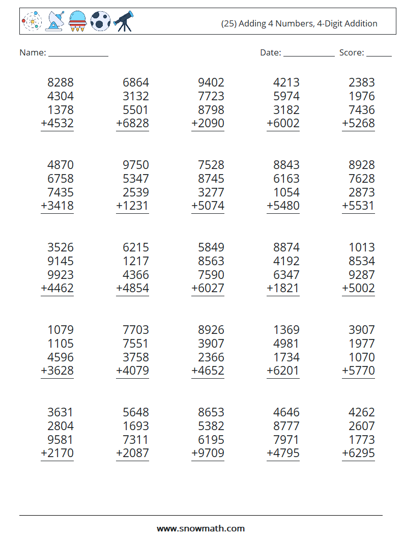 (25) Adding 4 Numbers, 4-Digit Addition Maths Worksheets 9