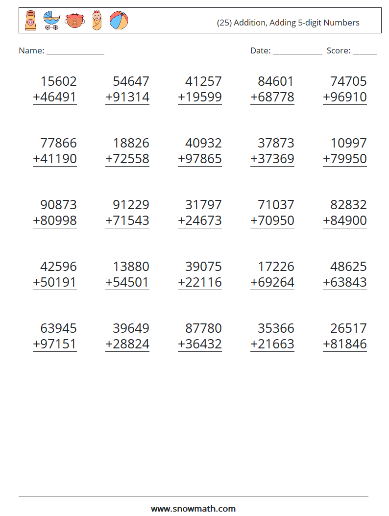 (25) Addition, Adding 5-digit Numbers Maths Worksheets 1