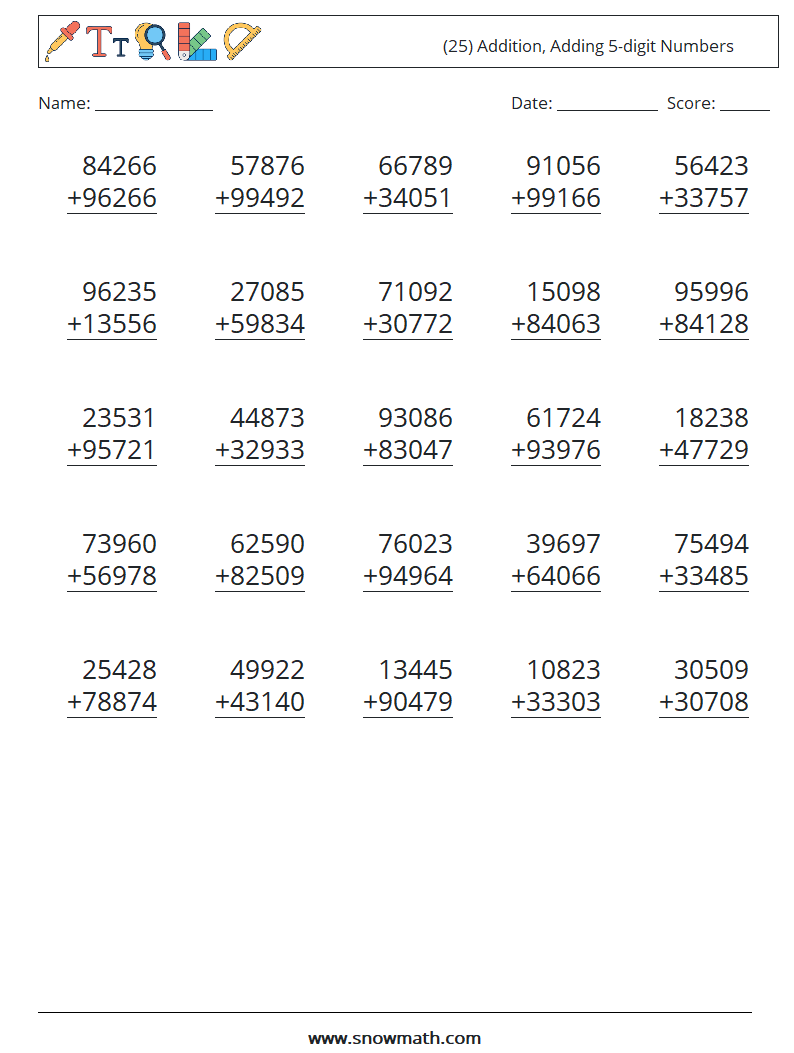 (25) Addition, Adding 5-digit Numbers Maths Worksheets 10