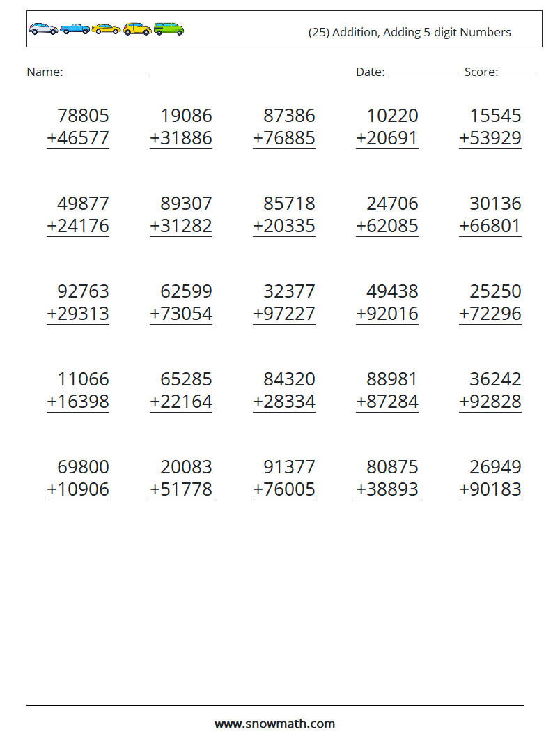 (25) Addition, Adding 5-digit Numbers Math Worksheets 11