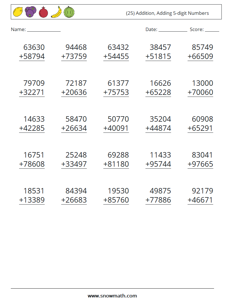 (25) Addition, Adding 5-digit Numbers Math Worksheets 12