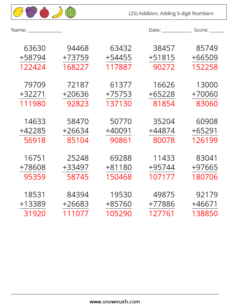 (25) Addition, Adding 5-digit Numbers Math Worksheets 12 Question, Answer