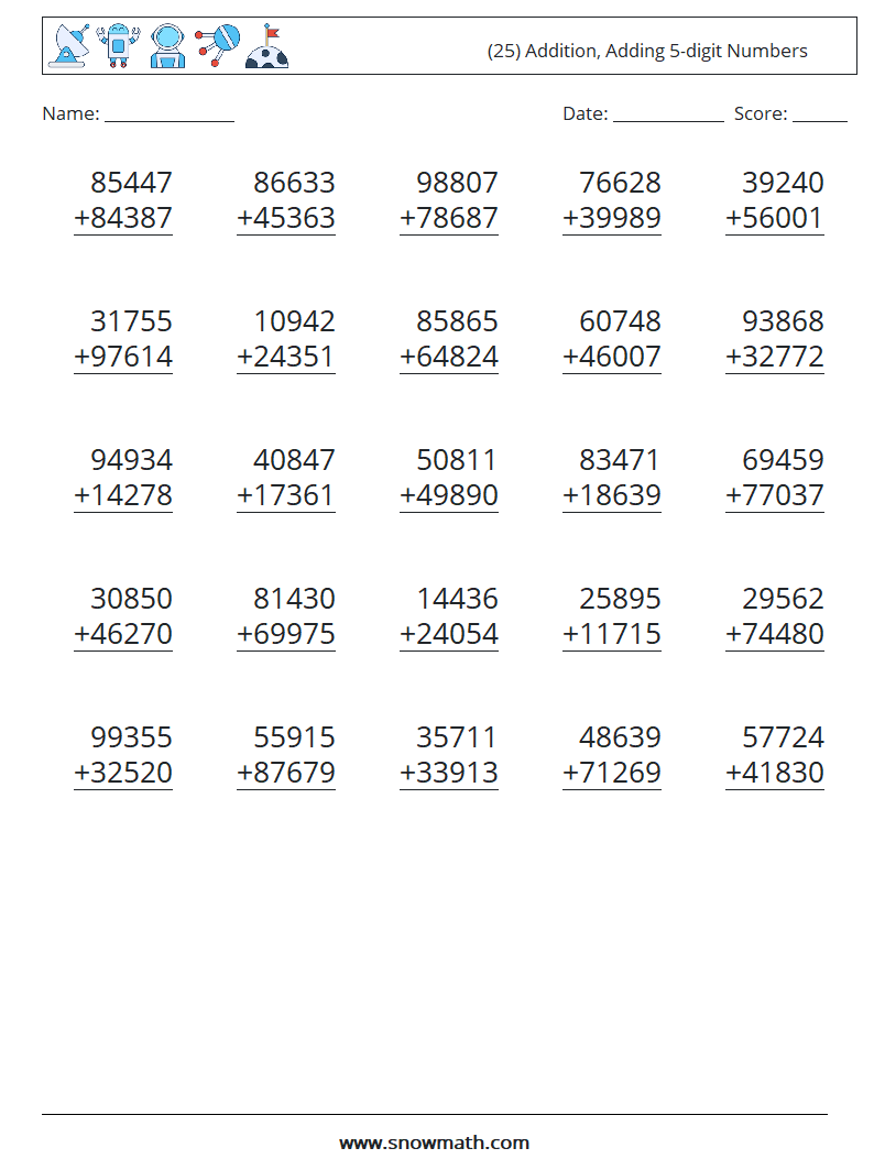 (25) Addition, Adding 5-digit Numbers Maths Worksheets 13