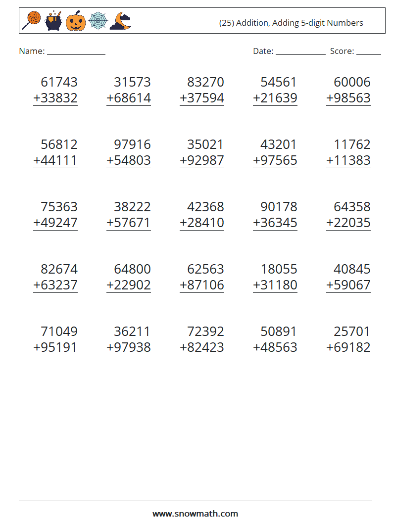 (25) Addition, Adding 5-digit Numbers Maths Worksheets 16