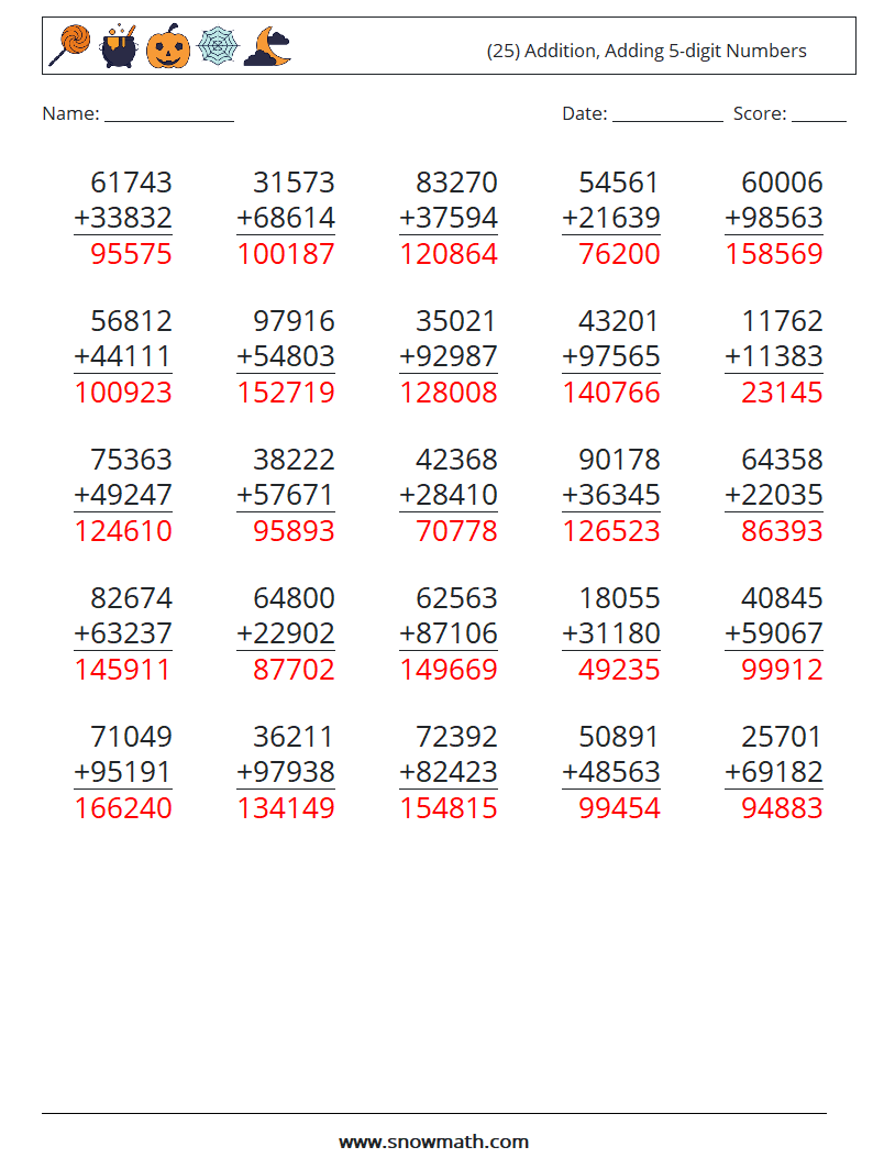 (25) Addition, Adding 5-digit Numbers Math Worksheets 16 Question, Answer