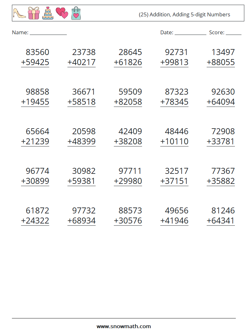 (25) Addition, Adding 5-digit Numbers Maths Worksheets 17