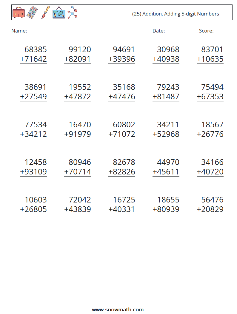 (25) Addition, Adding 5-digit Numbers Maths Worksheets 18