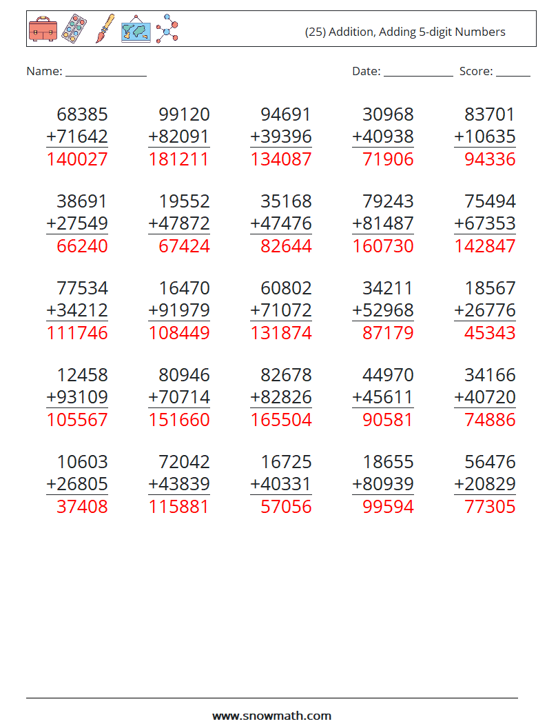 (25) Addition, Adding 5-digit Numbers Math Worksheets 18 Question, Answer