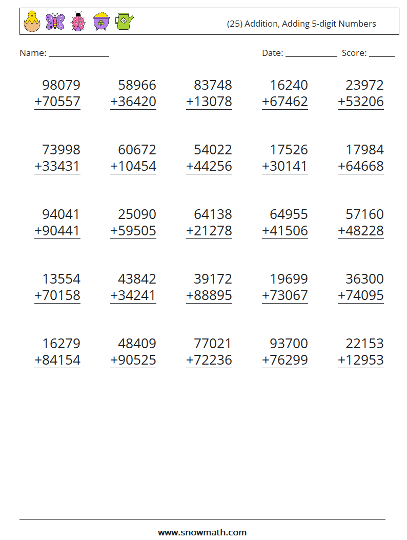 (25) Addition, Adding 5-digit Numbers Maths Worksheets 2