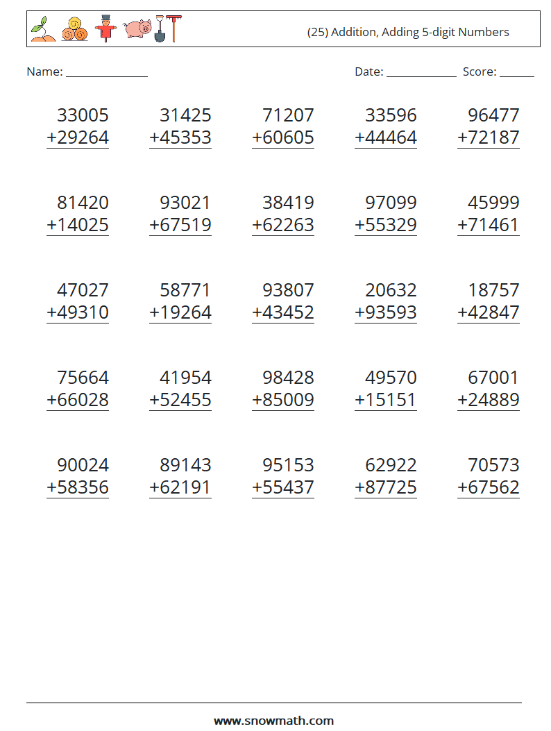 (25) Addition, Adding 5-digit Numbers Maths Worksheets 4