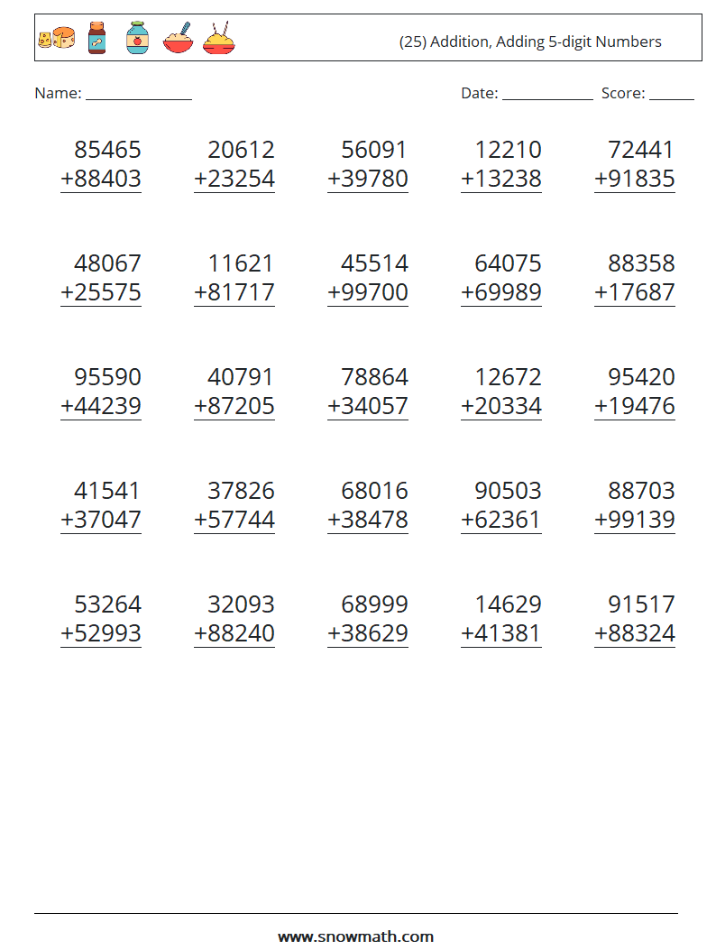 (25) Addition, Adding 5-digit Numbers Maths Worksheets 5