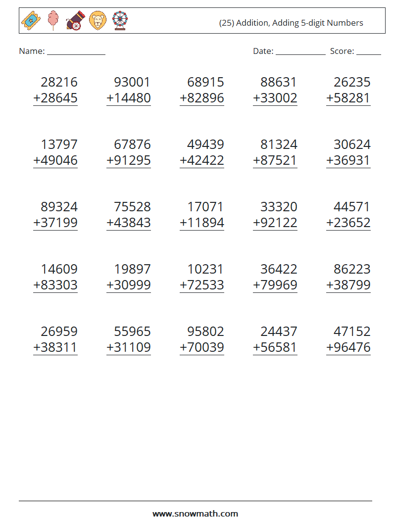 (25) Addition, Adding 5-digit Numbers Maths Worksheets 6