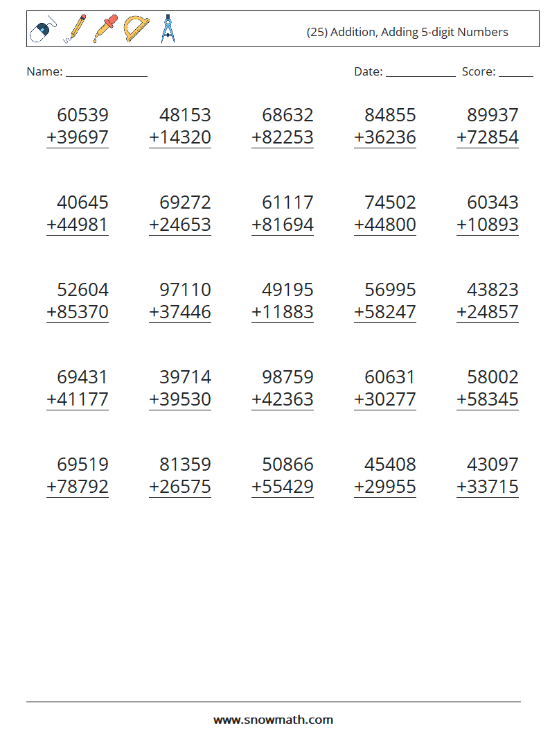 (25) Addition, Adding 5-digit Numbers Math Worksheets 7