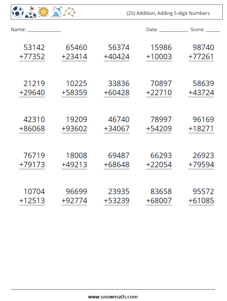 (25) Addition, Adding 5-digit Numbers Maths Worksheets 8