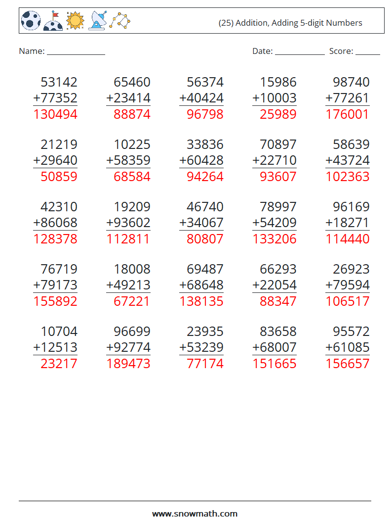 (25) Addition, Adding 5-digit Numbers Math Worksheets 8 Question, Answer