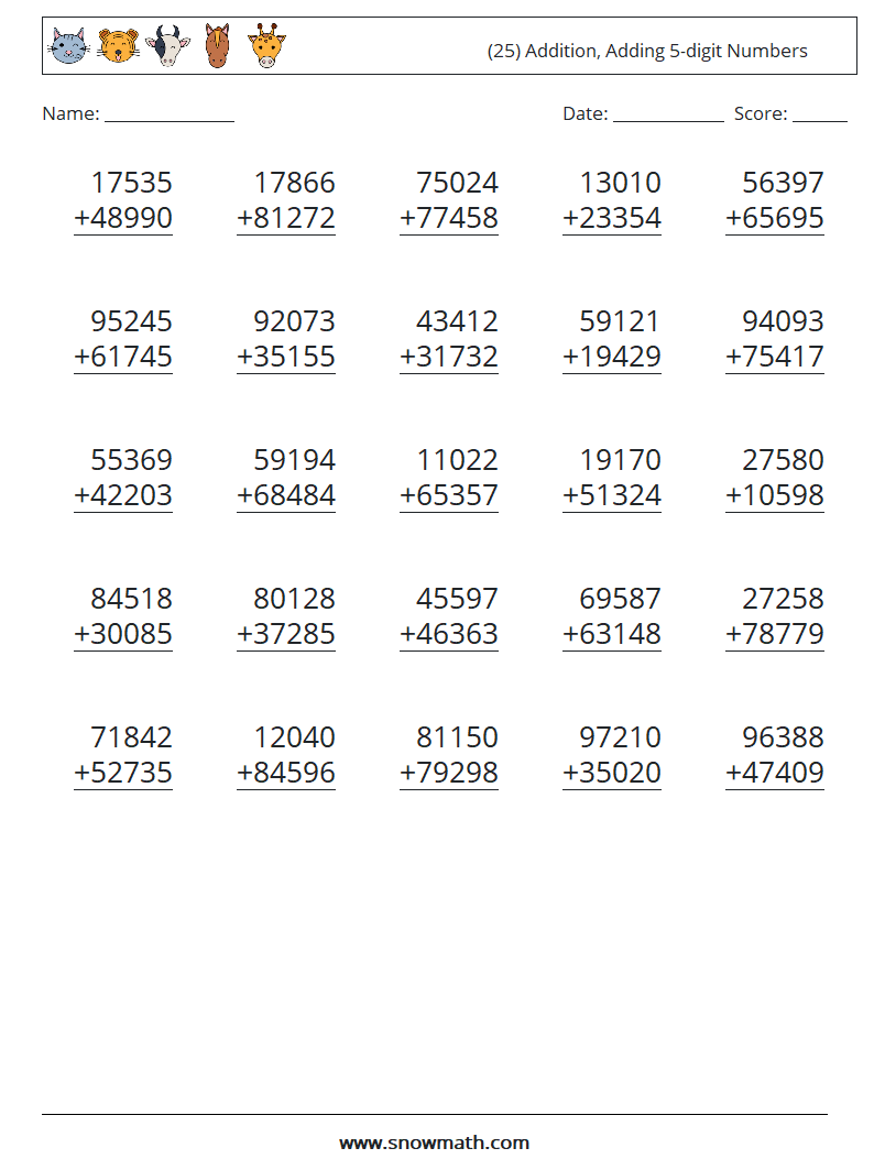 (25) Addition, Adding 5-digit Numbers Math Worksheets 9