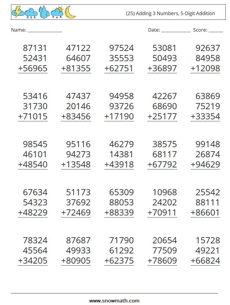 (25) Adding 3 Numbers, 5-Digit Addition